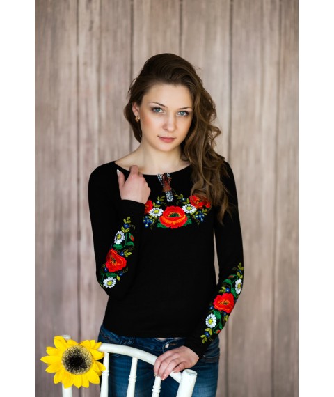 Стильная черная женская футболка с длинным рукавом с богатой вышивкой цветами «Украинская краски» 3XL