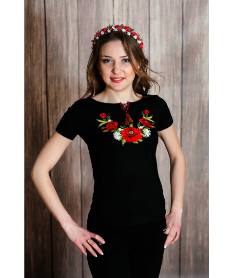 Damen besticktes Hemd in Schwarz mit kurzen ?rmeln mit Blumen "Mohn und Kamille"