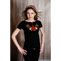 Женская вышиванка в черном цвете с коротким рукавом с цветами «Мак и ромашка»
