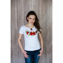 Stylish women's embroidered shirt in white with short sleeves "Poppy beauty"