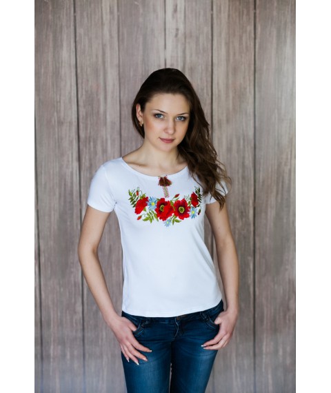Stylish women's embroidered shirt in white with short sleeves "Poppy beauty"