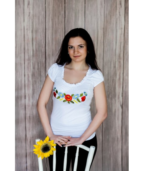 Wei?es besticktes Damen T-Shirt mit Blumenmuster "Ruche mit Blumen" S