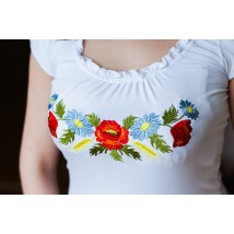 Белая вышитая женская футболка с растительным рисунком «Рюшка с цветами» S
