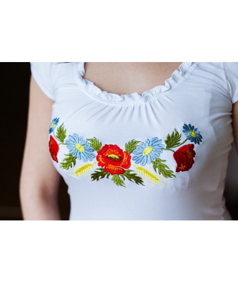 Wei?es besticktes Damen T-Shirt mit Blumenmuster "Ruche mit Blumen" S