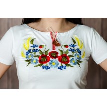 Женская белая вышитая футболка с коротким рукавом с растительным орнаментом «Венок с колосками»