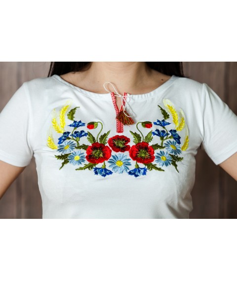 Women's white embroidered T-shirt with short sleeves with floral ornament "Wreath with spikelets"
