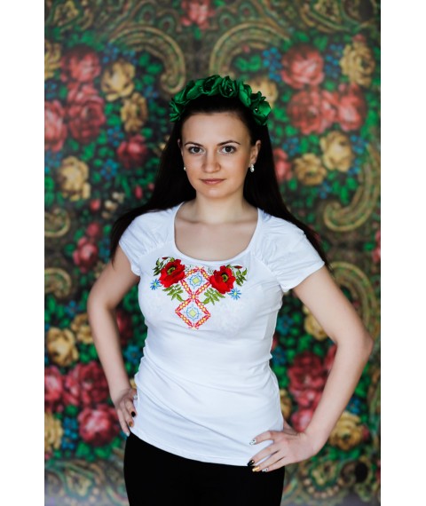 Women's embroidered T-shirt with a round neck in white "Poppy geometry"