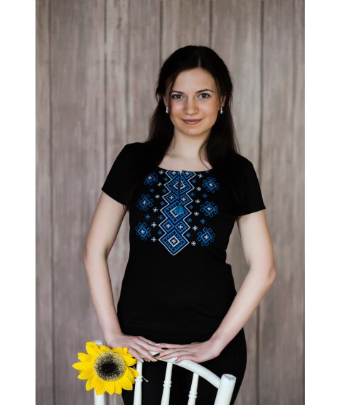 Black women's embroidered shirt with a wide neck in black color “Carpathian ornament (blue embroidery)” M