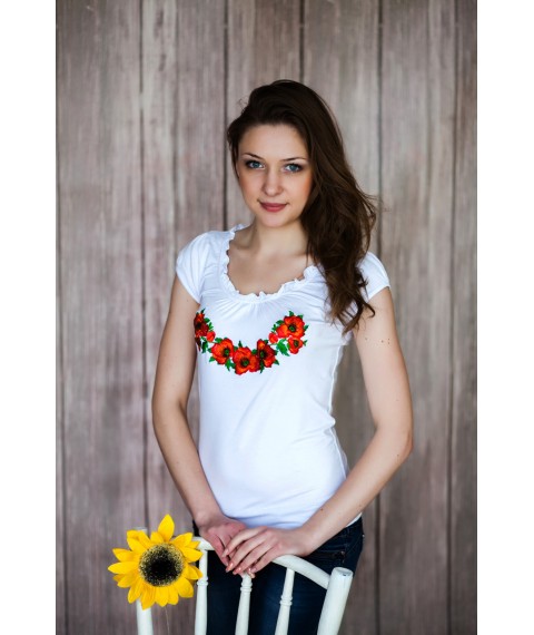 Модная футболка с вышивкой с коротким рукавом с цветами «рюшками с маками»