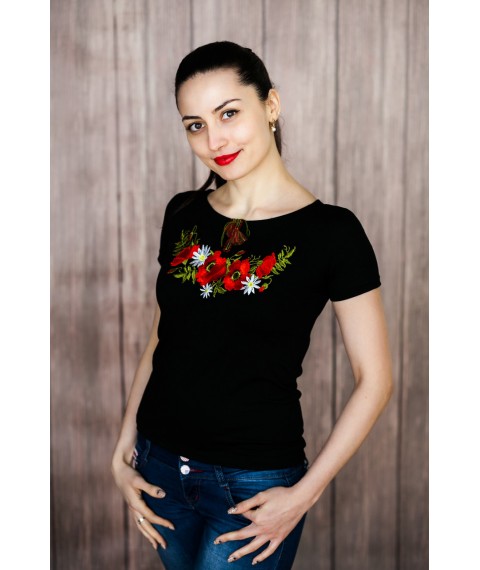 Youth black women's embroidered T-shirt with short sleeves from viscose "Poppy beauty"