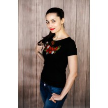 Молодежная черная женская вышитая футболка с коротким рукавом с вискозы «Маковая красота»