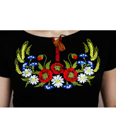 Черная женская вышитая футболка с завязками «Венок с колосками»