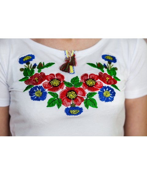 White women's embroidered shirt with floral ornaments "Voloshkovo Pole"