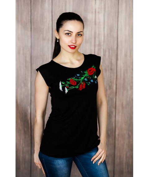 Black embroidered T-shirt sleeveless with a plant pattern "Field bouquet" M
