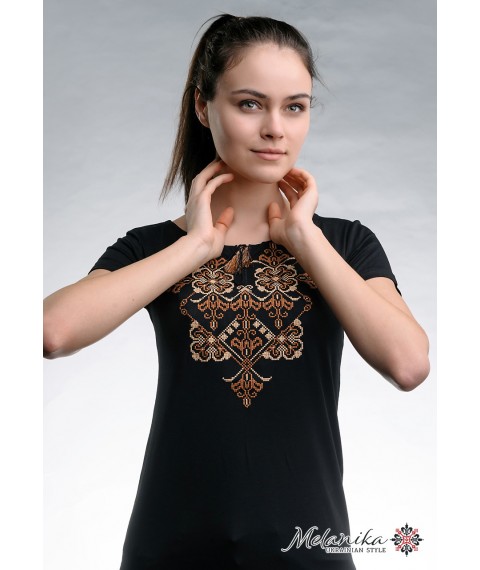 Черная женская вышитая футболка на каждый день в патриотическом стиле «Элегия (коричневая вышивка)»