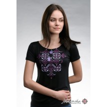 Original women's embroidered T-shirt for summer in black “Elegy (purple embroidery)”
