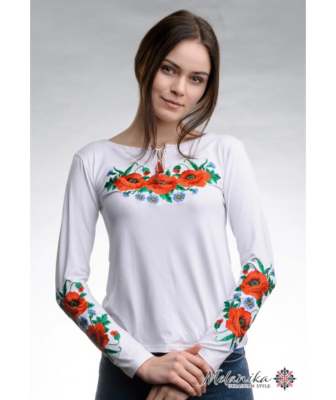 Белая женская вышитая футболка с длинным рукавом в украинском стиле «Маковое поле»