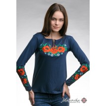 Women's embroidered T-shirt dark blue with long sleeves “Poppy Field” S