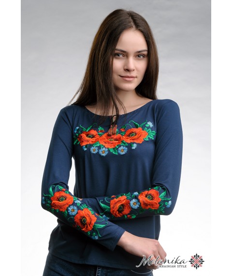 Женская вышитая футболка темно-синего цвета с длинным рукавом «Маковое поле» S