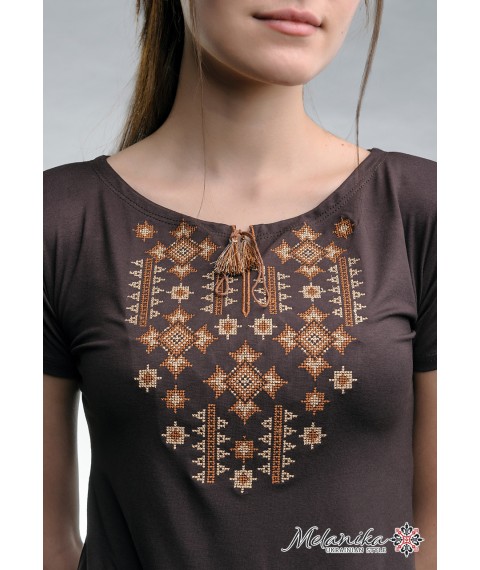 Stylish brown women's T-shirt with embroidery "Star Lights" S