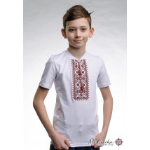 Детская вышиванка для мальчика с коротким рукавом с V-образным вырезом «Звездное сияние (красная вышивка)»