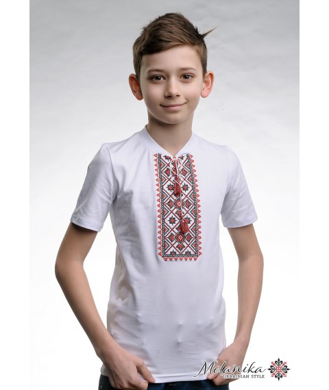 Children's embroidered shirt for a boy with short sleeves with a V-neck "Star shine (red embroidery)"