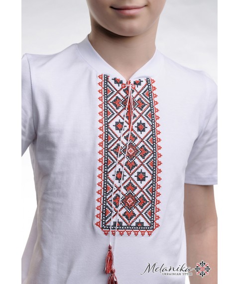 Children's embroidered shirt for a boy with short sleeves with a V-neck "Star shine (red embroidery)"