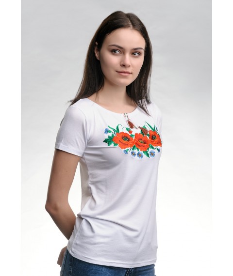 Fashionable women's embroidered T-shirt in white color with flowers "Poppy field" 3XL