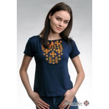 Женская футболка с оранжевой вышивкой в темно-синем цвете с кутасикамы «Звездное Сияние»