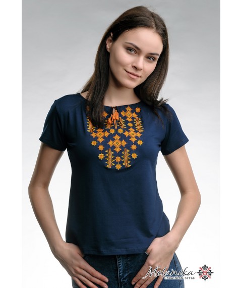 Women's T-shirt with orange embroidery in dark blue with Kutashikama "Star Light"