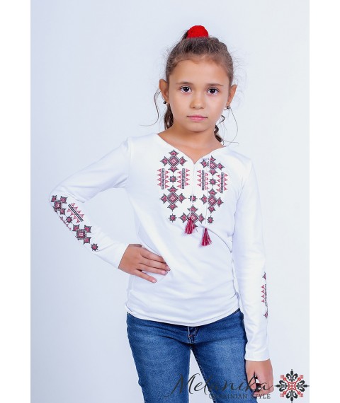 Embroidered long sleeve T-shirt for girls with geometric pattern “Starlight (red)” 146