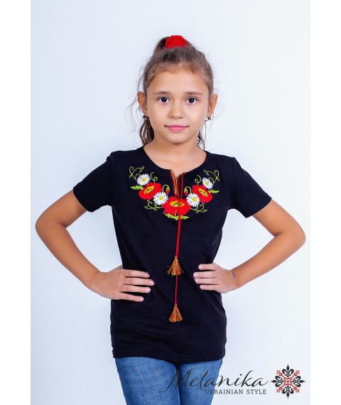 Стильная футболка для девочки черного цвета «Маки-ромашки»