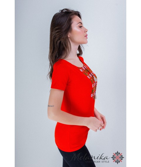 Bright embroidered women's T-shirt with a wide neck in red "Expression"