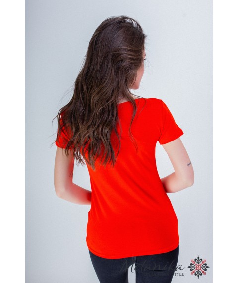 Bright embroidered women's T-shirt with a wide neck in red "Expression"