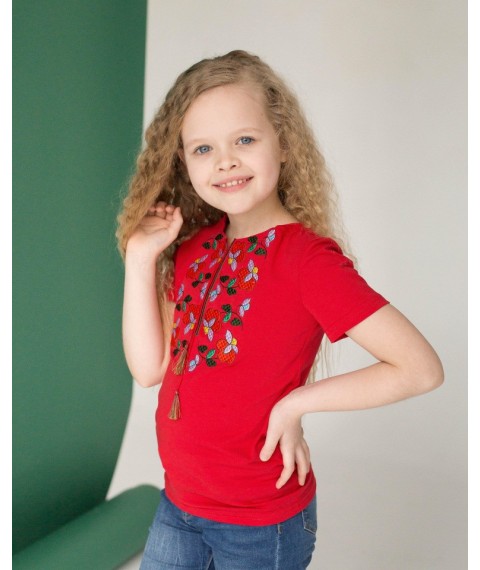 Вышитая футболка для девочки в красном цвете «Берегиня» 104