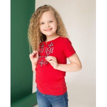 Яркая вышитая футболка для девочки в красном цвете «Звездное сияние на красном» 158