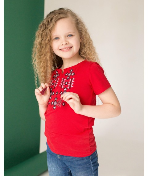 Яркая вышитая футболка для девочки в красном цвете «Звездное сияние на красном» 146