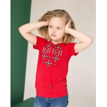 Яркая вышитая футболка для девочки в красном цвете «Звездное сияние на красном»