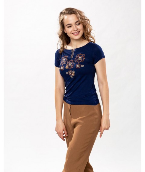 Fashionable women's T-shirt with brown embroidery in dark blue color “Amulet”