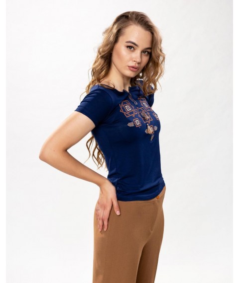 Fashionable women's T-shirt with brown embroidery in dark blue color “Amulet”