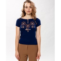 Fashionable women's T-shirt with brown embroidery in dark blue color “Amulet” 3XL