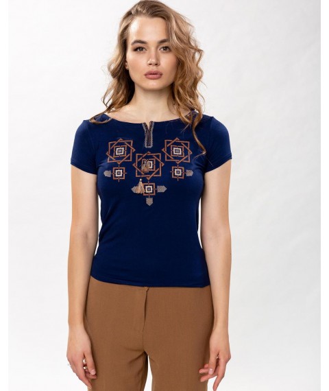 Modisches Damen T-Shirt mit brauner Stickerei in Dunkelblau "Charm" 3XL