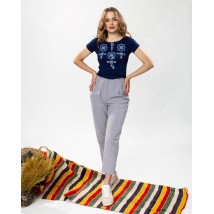 Women's T-shirt with cross stitch in dark blue color “Amulet”