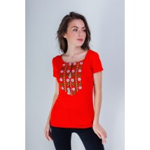 Bright embroidered women's T-shirt with a wide neck in red "Expression"