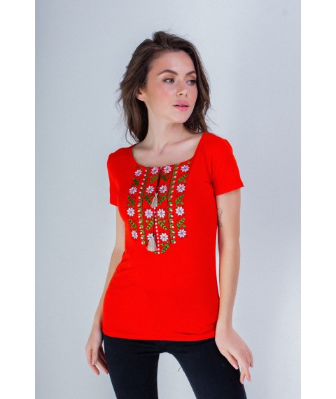 Bright embroidered women's T-shirt with a wide neck in red "Expression"