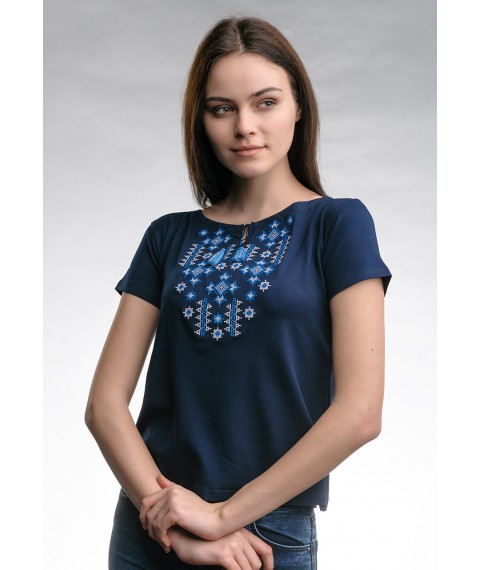 Патриотическая женская футболка с геометрической вышивкой в темно-синем цвете «Звездное Сияние» M