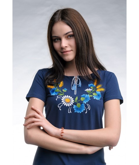 Женская вышитая футболка темно-синего цвета с цветочным орнаментом в украинском стиле «Веночек» XL