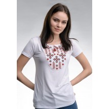 Классическая белая женская вышитая футболка «Звездное сияние (красная вышивка)» S