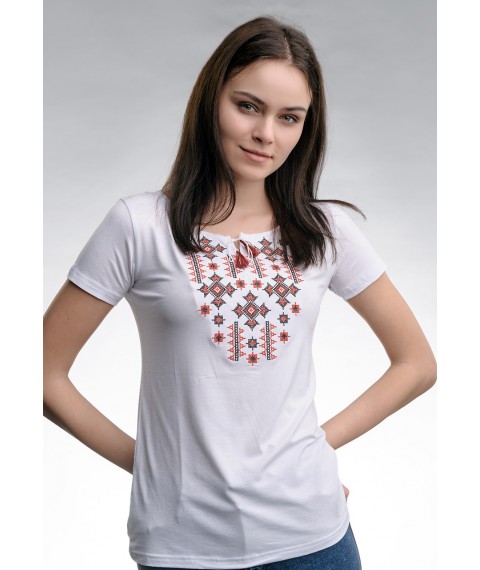Классическая белая женская вышитая футболка «Звездное сияние (красная вышивка)» M