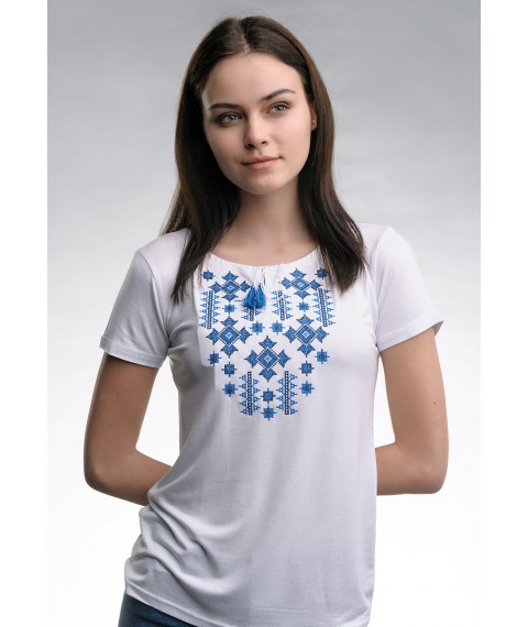 Летняя женская вышитая футболка белого цвета «Звездное сияние (синяя вышивка)» XL
